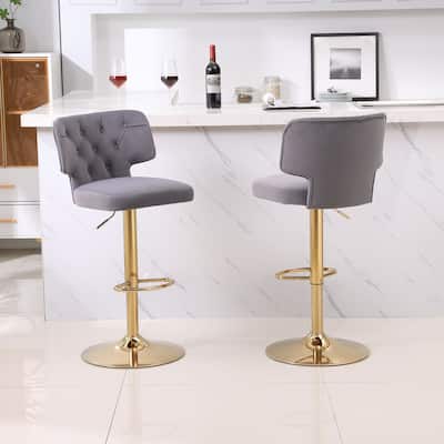 Barstools, Swivel Velvet Bar Stool Counter Height Bar Chairs Adjustable Tufted Stool with Back& Footrest (Grey, Set of 2)