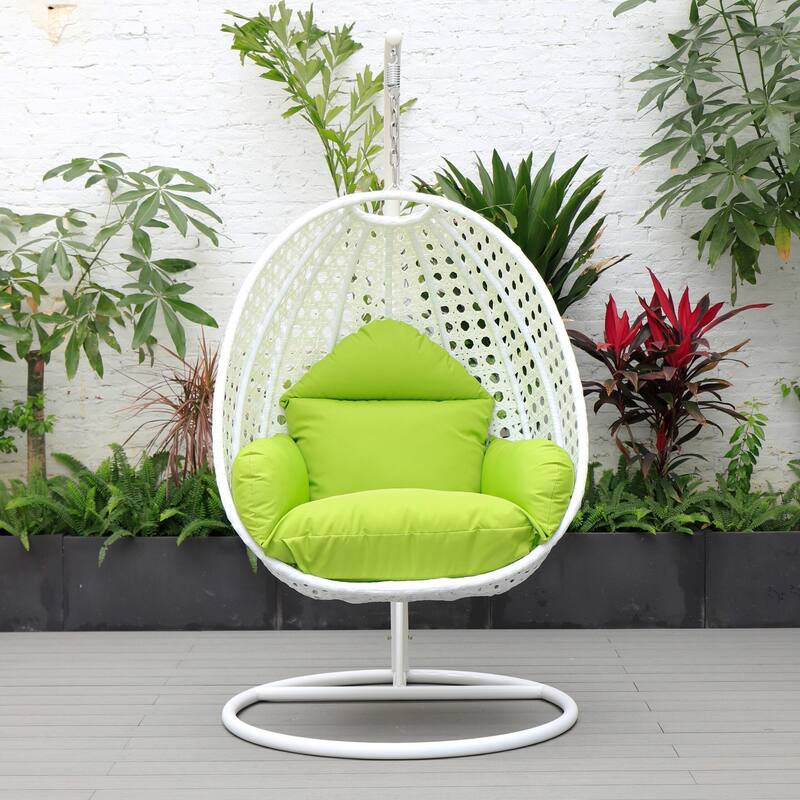 Patio Hanging Egg Swing Chair with White Wicker Shell and Iron Frame for Indoor Outdoor Patio Porch Garden Backyard
