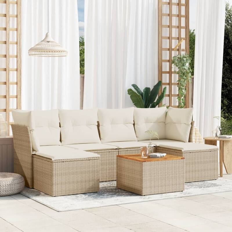 vidaXL Patio Sofa Set with Cushions Outdoor Furniture 7 Piece Poly Rattan - 24.4 x 24.4 x 27.2 - Beige and Cream