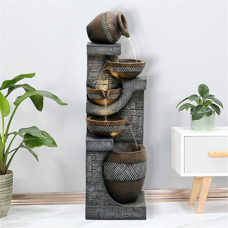 5-Tier Outdoor Faux Stone Water Fountain with LED Lights