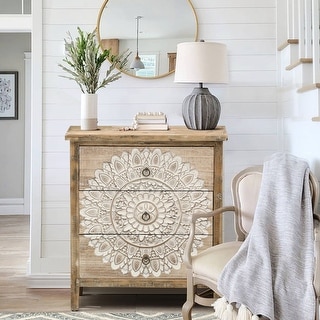 Distressed Natural Wood 3-Drawer 28.2" H White Floral Accent Chest
