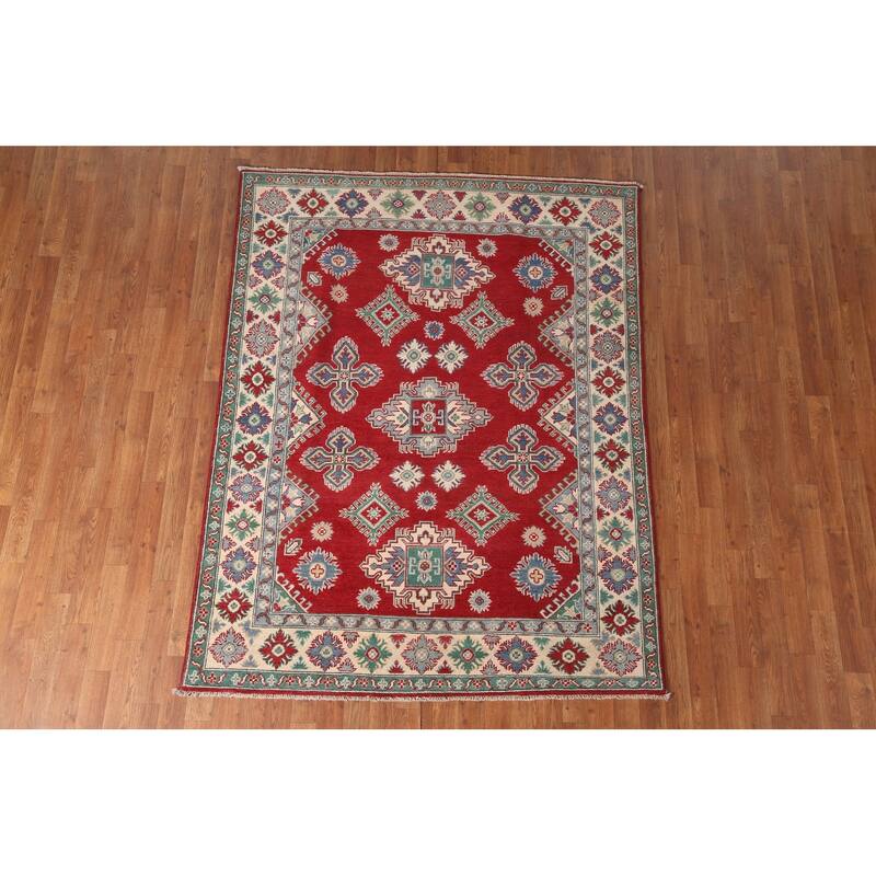 Geometric Red Kazak Area Rug Handmade Wool Carpet - 5'2" x 6'9"