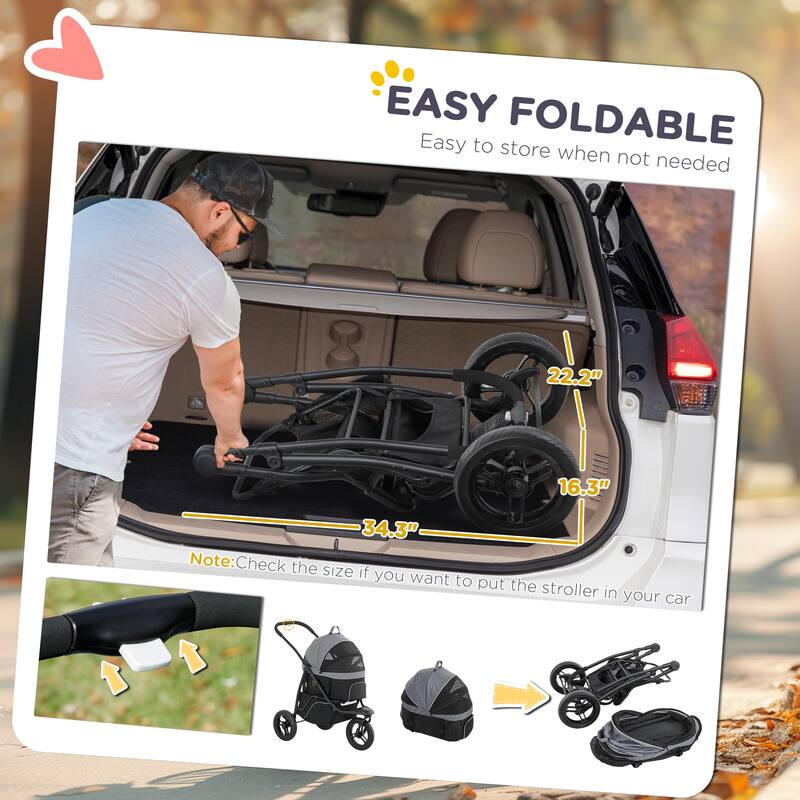 PawHut Pet Stroller for Small Dogs and Cats, 3 in 1 Dog Stroller Jogger with Detachable Carrier, Storage Basket, Gray