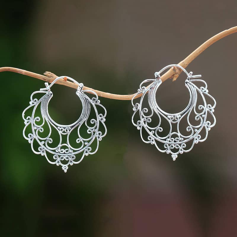 NOVICA Graceful Glamour, Sterling silver hoop earrings - 1.5D