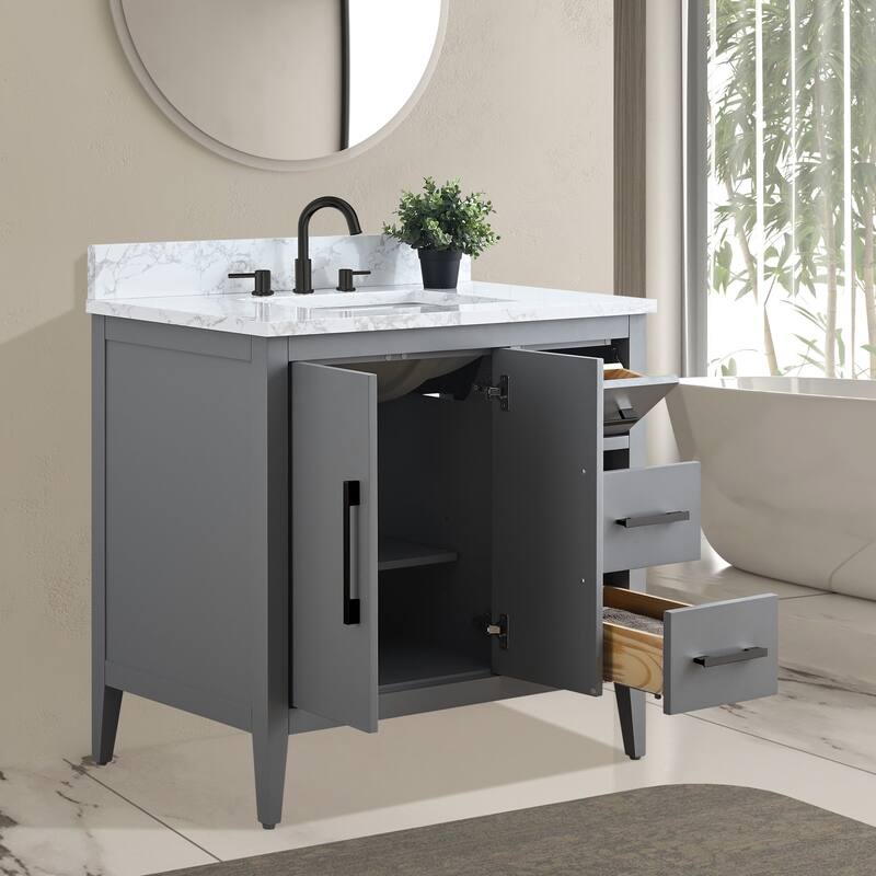 Vanity Art 36" Single Sink Bathroom Vanity Cabinet with Engineered Marble Countertop