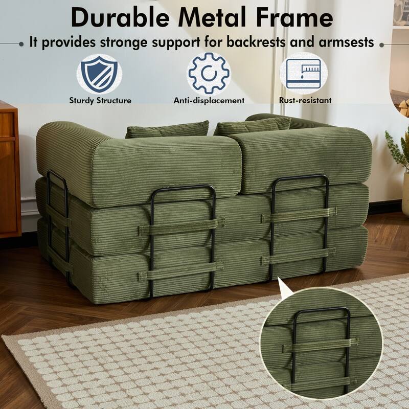 59.05'' Corduroy Convertible Sofa Bed with Cylindrical Pillow, Floor Sofa Lounge Couch