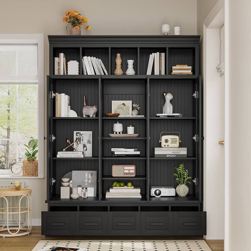 Large Wood Hall Tree with Bench, Modern 4 Door Entrance Storage Cabinet w/ 5 Drawers, Adjustable Shelves for Living Room