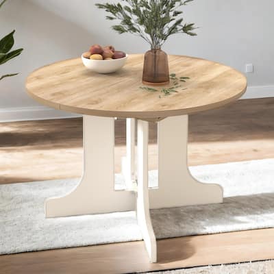43-59" Expandable Round Dining Table with X-Base, Oak Veneer, Seats 6