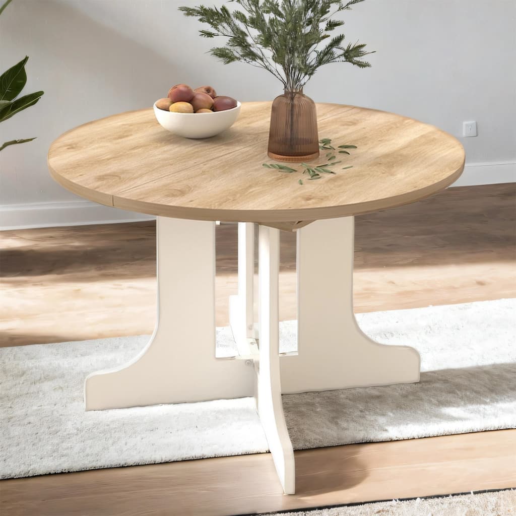 43-59" Expandable Round Dining Table with X-Base, Oak Veneer, Seats 6