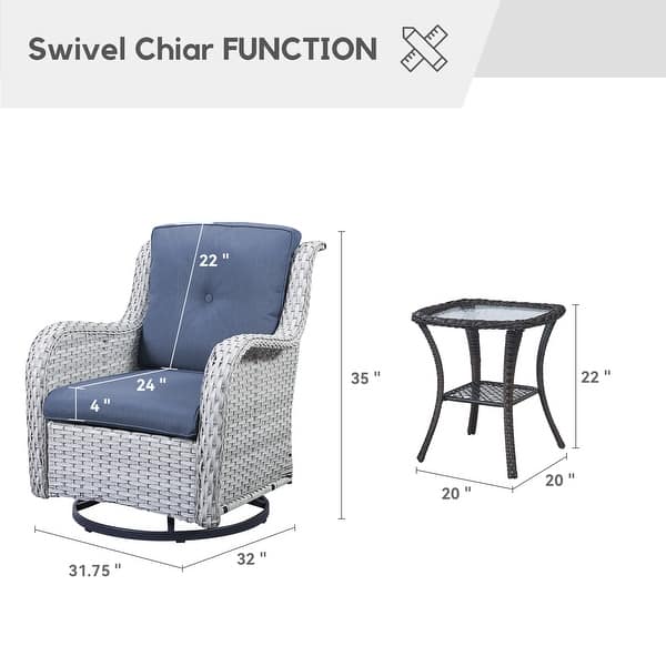 dimension image slide 2 of 11, Gymojoy 3 Piece Outdoor Wicker Swivel Rocker with Cushion & Table