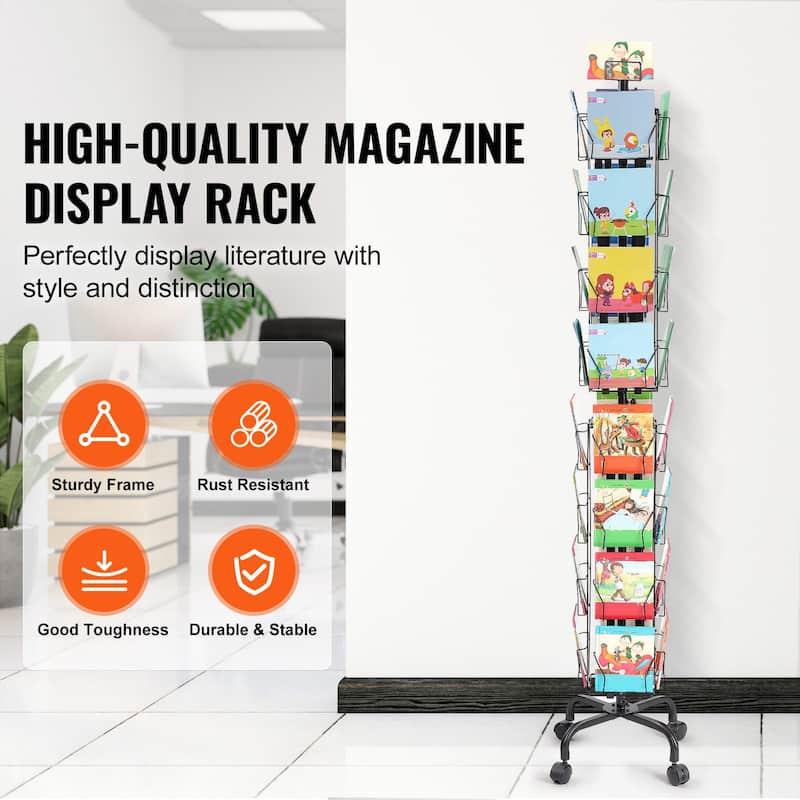 Rotating Greeting Card Display Rack with 32 Pockets & Wheels - 17.72 x 17.72 x 75.98 in