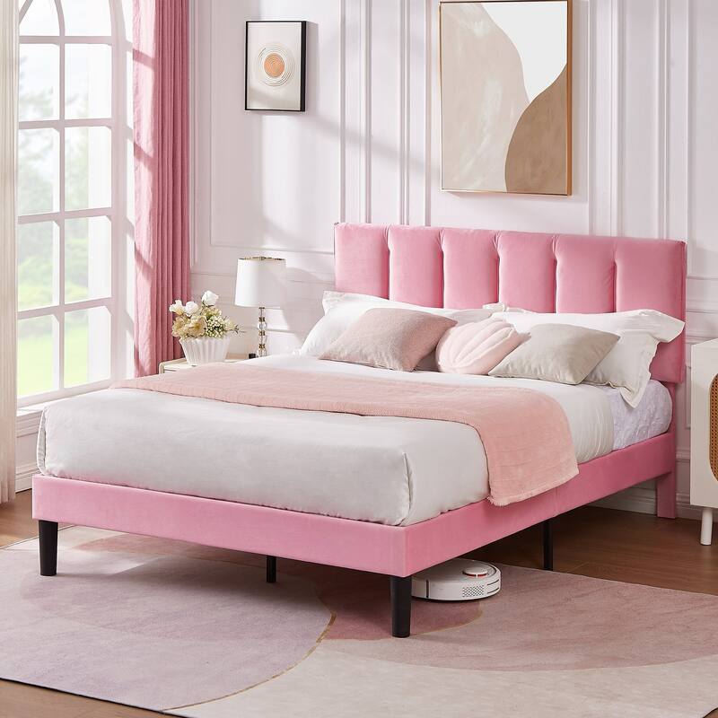 VECELO Pink Tufted Upholstered Platform Bed Frame with Adjustable Height Headboard Twin/Full/Queen Size Beds