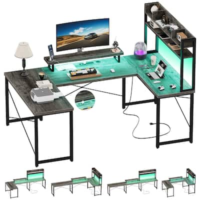 75'' DIY U-Shaped Desk with Hutch, Reversible Office Desk with Power Outlets and LED Strip