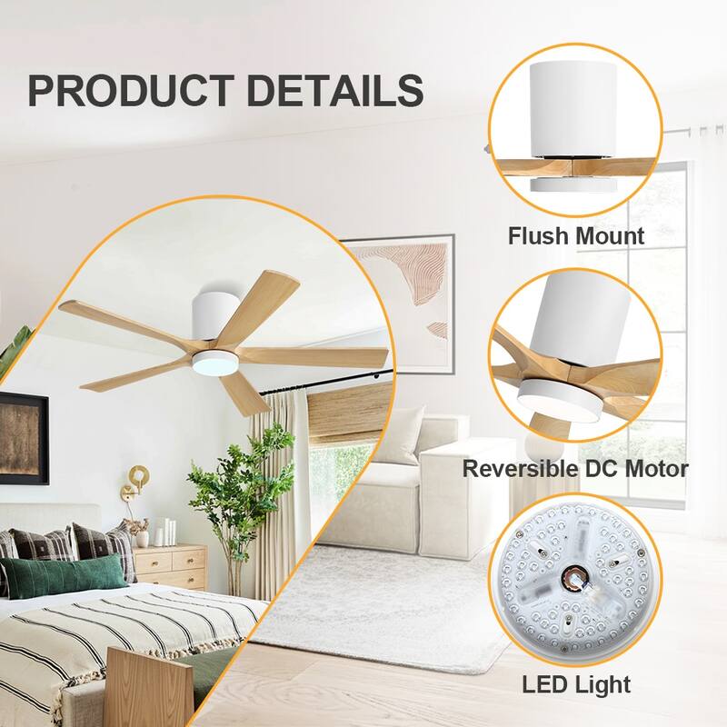 WINGBO 52" Solid Wood DC Motor Integrated LED Hugger Ceiling Fan with Remote