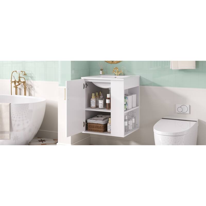 Roomfitters 20 Inch Wall Mounted Bathroom Vanity & Side Cabinet Combo, Floating Storage Station with Sink, White