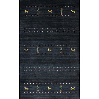 Hand Knotted Oriental 100% Wool Carpet Tribal Animal Pictorial Navy Blue & Blues Gabbeh Area Rug - 4' 10'' X 3' 0''