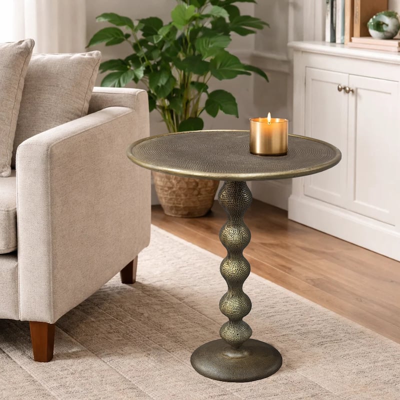 Shae 22 Inch Round Side End Table - Antique Brass Cast Aluminum with Hammered Texture For Small Places
