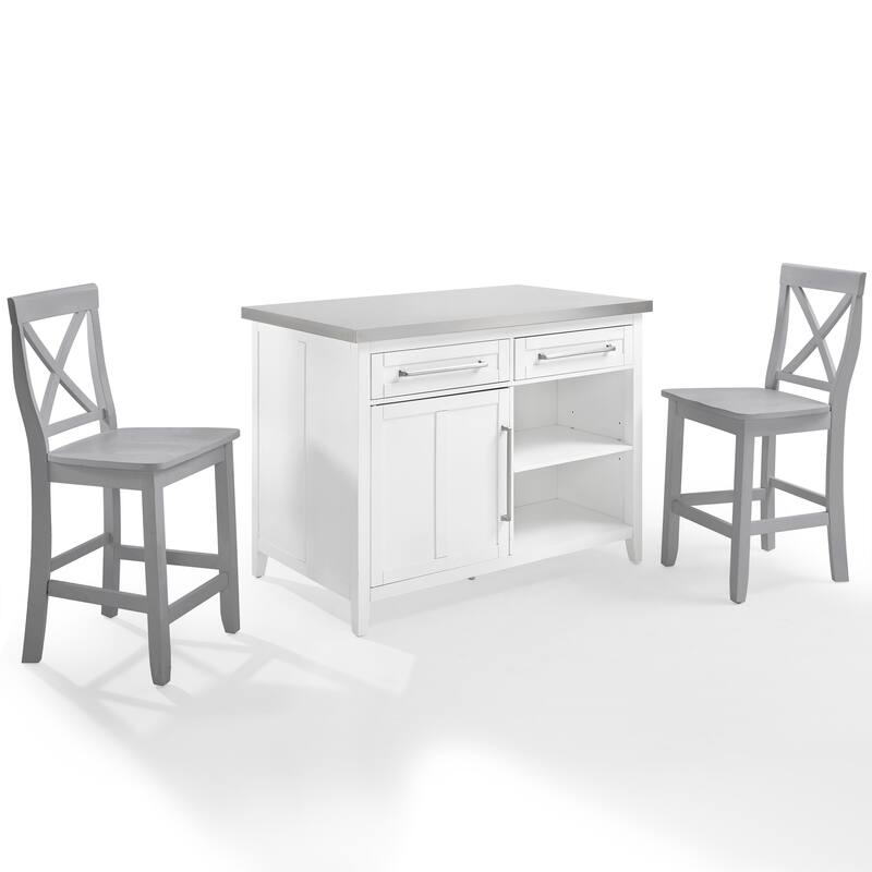 Crosley Silvia Stainless Steel Top Kitchen Island W/X-Back Stools - 57"d x 46"w x 41"h