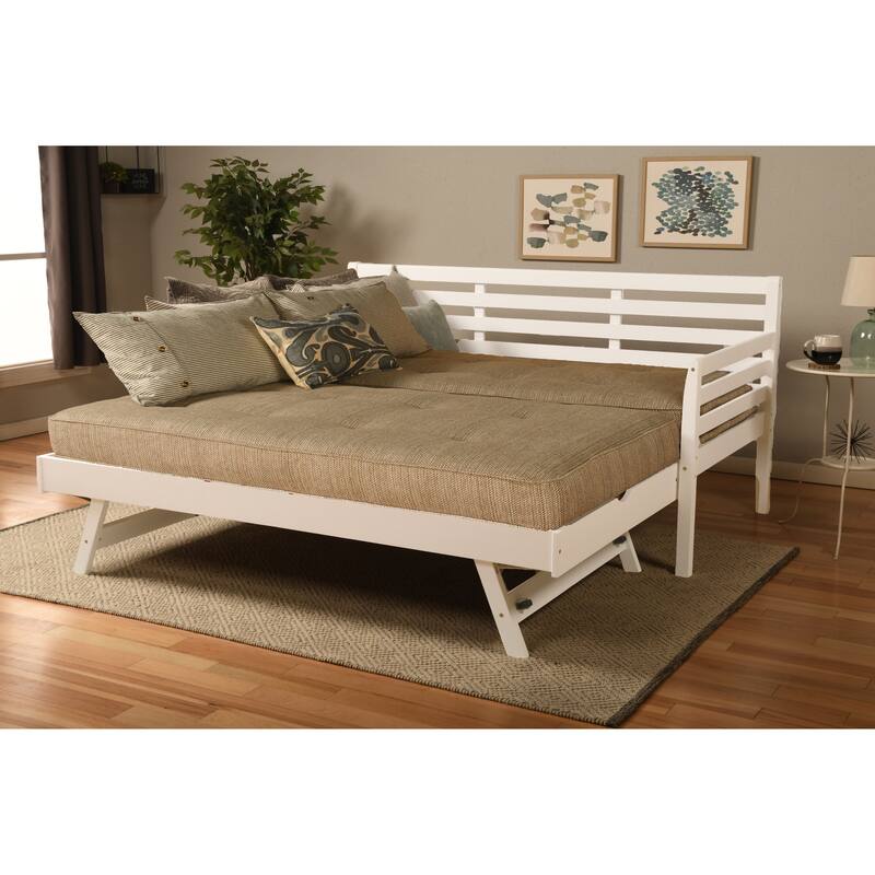Somette Boho Daybed and Pop Up Bed in White with Mattresses - Woodsmoke Brown
