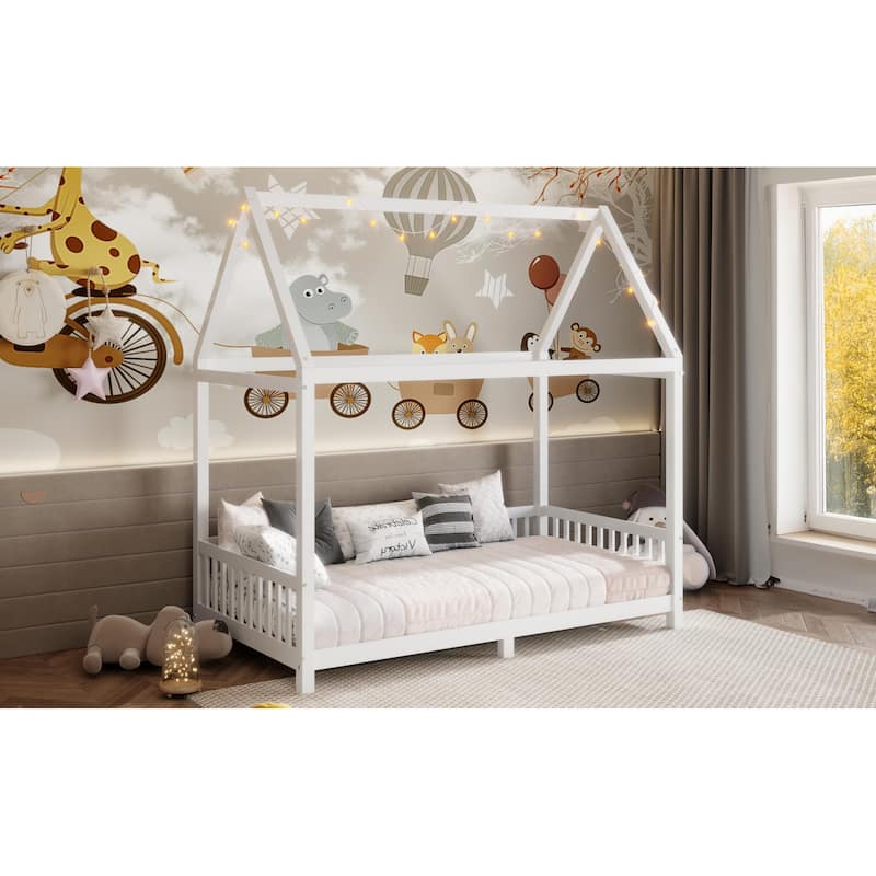 Solid Wood House Bed with Guardrail, LED, and Roof