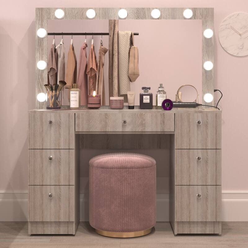 Boahaus Makeup Vanity 7 Drawers Lighted Crystal Knobs USB Port - Grey