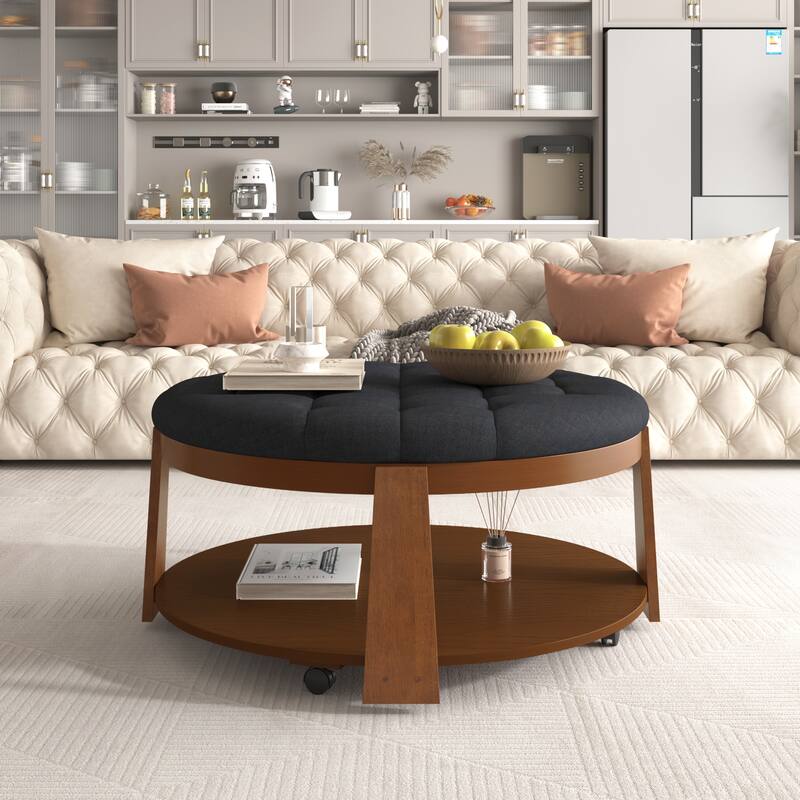 Coffee Table 2-Tier Button Tufted Ottoman with Wood Shelf,Upholstered Coffee Table,Footrest Ottoman with wheel,waterproof Linen - Black+Brown