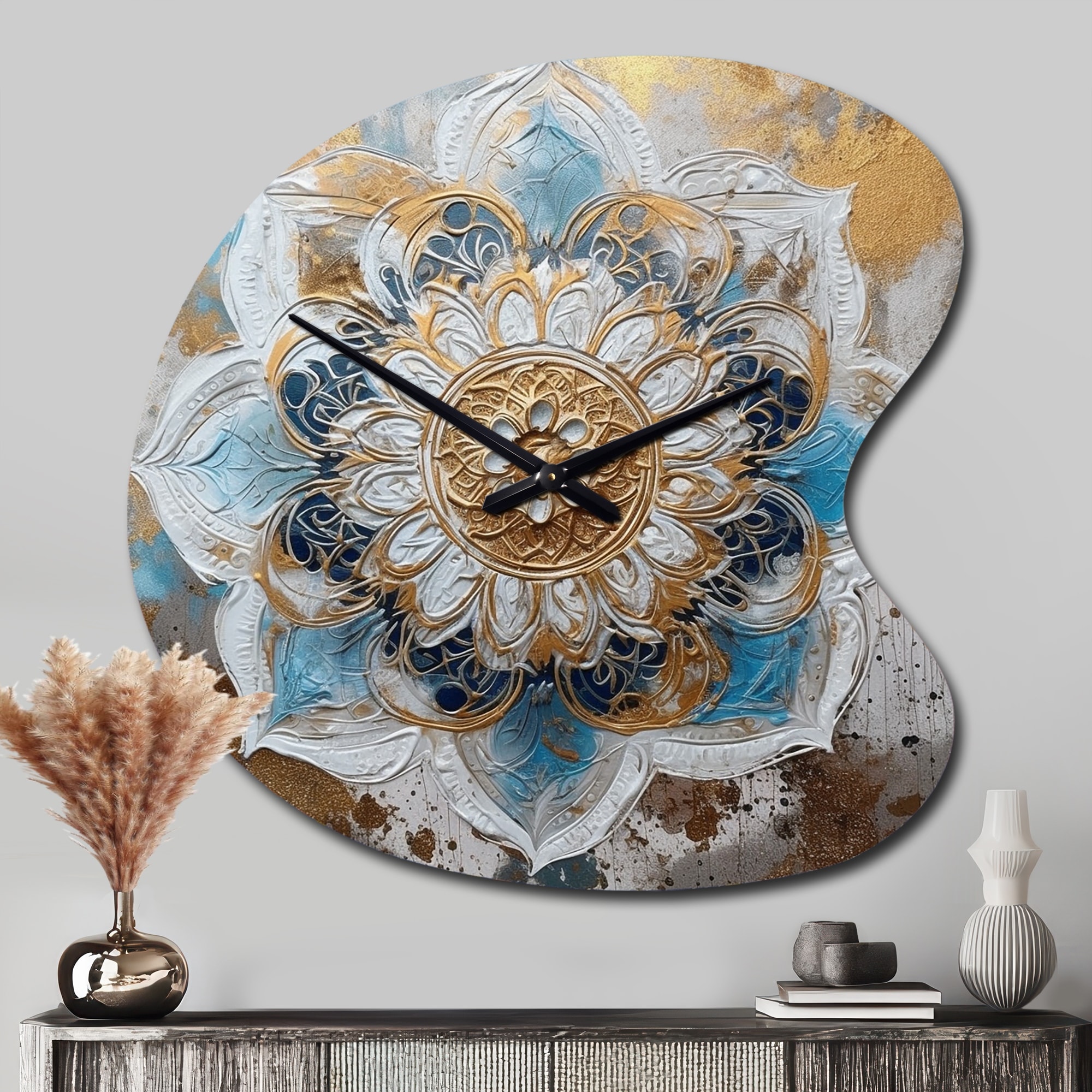Designart - Blue And Gold Mandala I - Boho Mandala Wall Clocks in Drop Shape - Traditional Unique Wall Clock