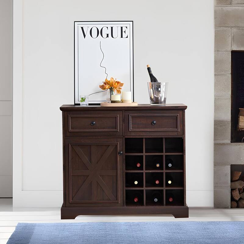 Roomfitters Farmhouse Buffet Cabinet with Storage Sideboard with 2 Drawers, Wine Bar Cabinet with Removable Wine Racks Storage