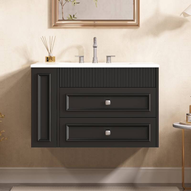 30 Inch Wall Mounted Bathroom Vanity with 2 Drawers and Ceramic Sink