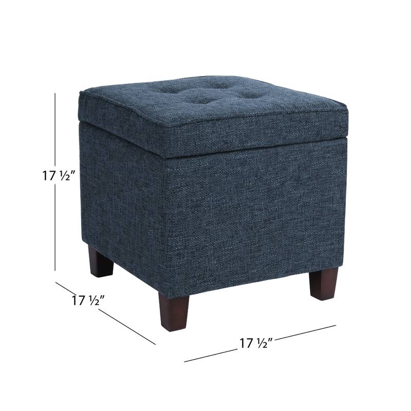 Hery Storage Ottoman, 18 Inch Square Tray Top, Navy Blue Woven Fabric
