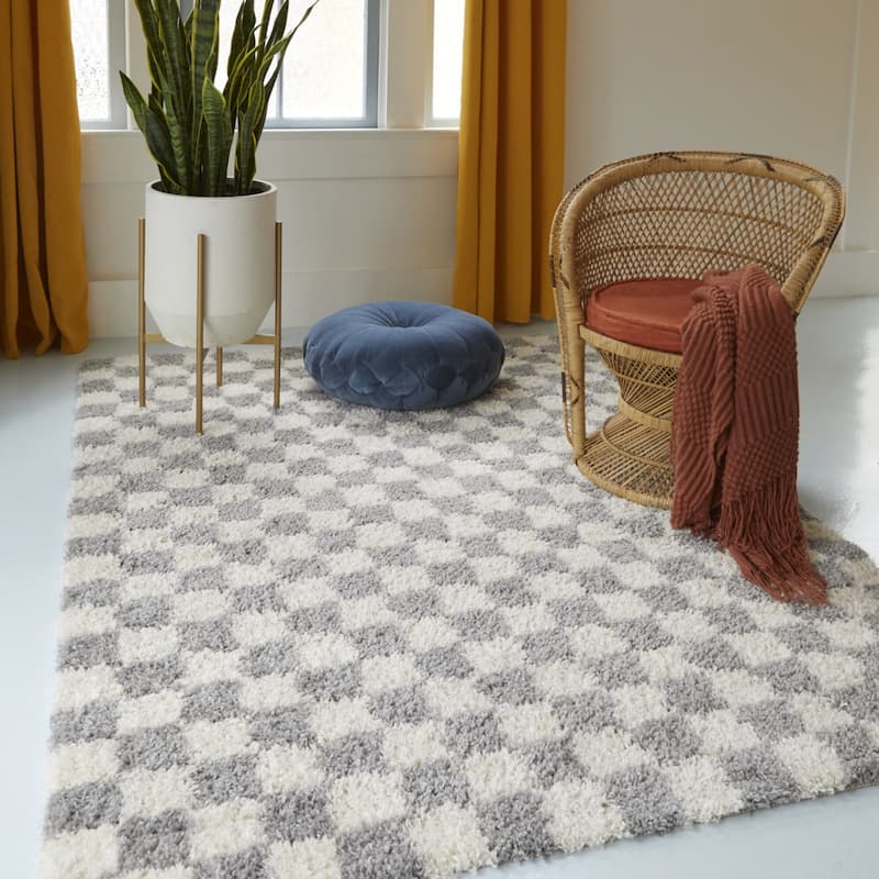 Mackie Checkered Shag Area Rug - 7'10" x 10' - Grey