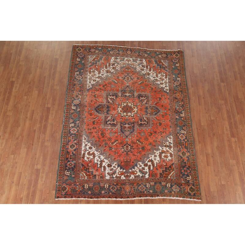Hand Knotted Oriental 100% Wool Carpet Traditional Medallion Oranges & Rust Heriz Area Rug - 8' 9'' X 6' 7''