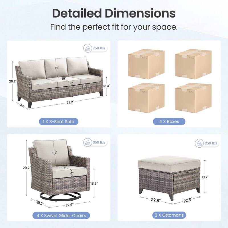 Pocassy 7-Piece Outdoor Sofa Swivel Chair w/ Ottoman Set