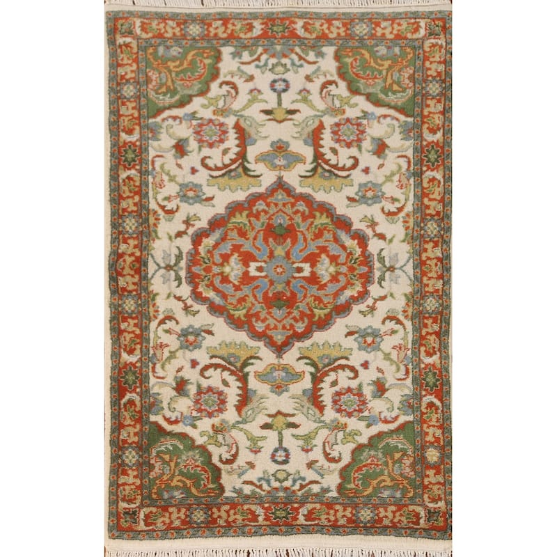 Floral Ivory Kashan Oriental Accent Rug Handmade Wool Carpet - 2'6" x 4'1"