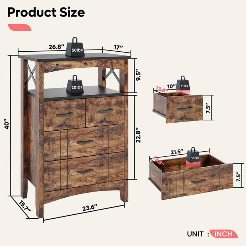 Bestier Living Room Storage Cabinet with 2 Shelves and 4 Drawers, Dark Brown - 68