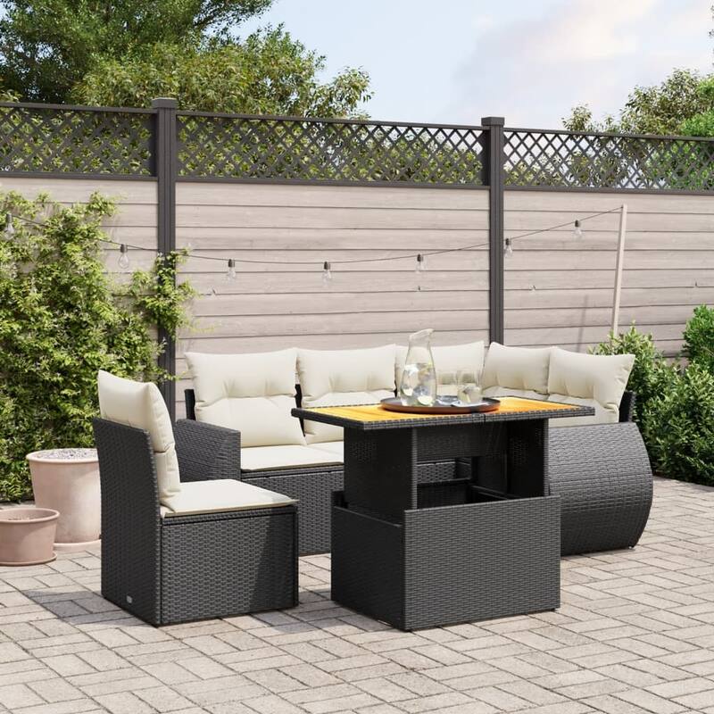 vidaXL Patio Sofa Set with Cushions Table and Modular Sofas 6 Piece Poly Rattan - 21.7 x 39.4 x 28.7 - Black  - form3