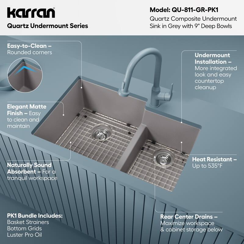 Karran 32" Undermount Large/Small Bowl Quartz Kitchen Sink Kit - 32" x 21.25" x 9"