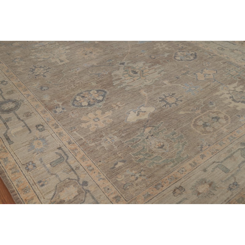Brown Floral Oushak Turkish Area Rug Hand-Knotted Wool Carpet - 8'1"x 9'10"