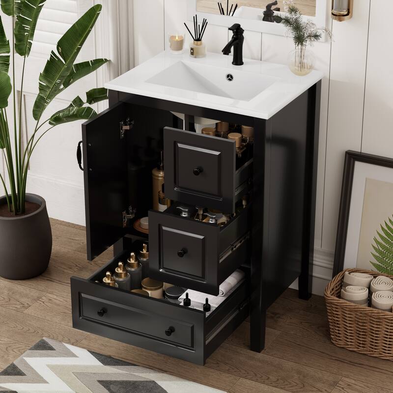24 inch Bathroom Vanity with Sink, One Cabinet with Soft-closing Door, 3 Soft-closing Drawers, Retro Metal Handles