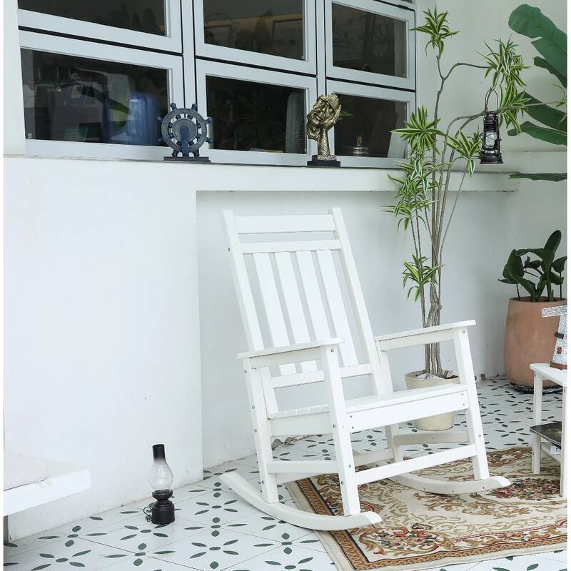 Outdoor Rocking Chair Set with Side Table, 3-Piece Rocking Chair Set with Wood Texture, Black