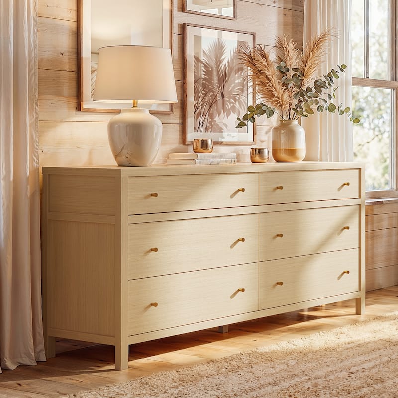 63” Solid Wood 6 Drawer Dresser – Semi-Assembled Modern Farmhouse Wide Chest with Soft-Close Undermount Slides