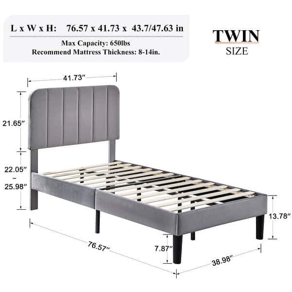 dimension image slide 7 of 22, Javlergo Upholstered Adjustable Headboard Velvet Platform Bed Quiet Heavy-Duty Bed Frame No Box Spring Needed
