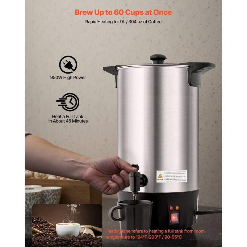 9L Coffee Urn 60 Cups Hot Beverage Dispenser with Reusable Mesh Filter and Fast Brew - 12.2 x 11.4 x 18.3 in