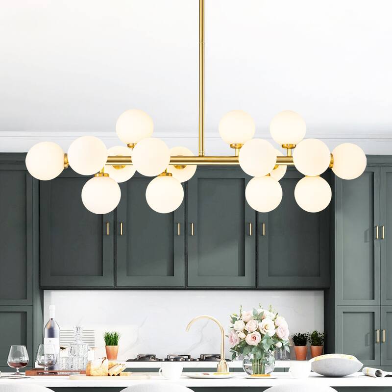 16-Light Modern Glam Linear Sputnik Cluster Glass Globe Chandelier with Milky White Glass Globe - Gold