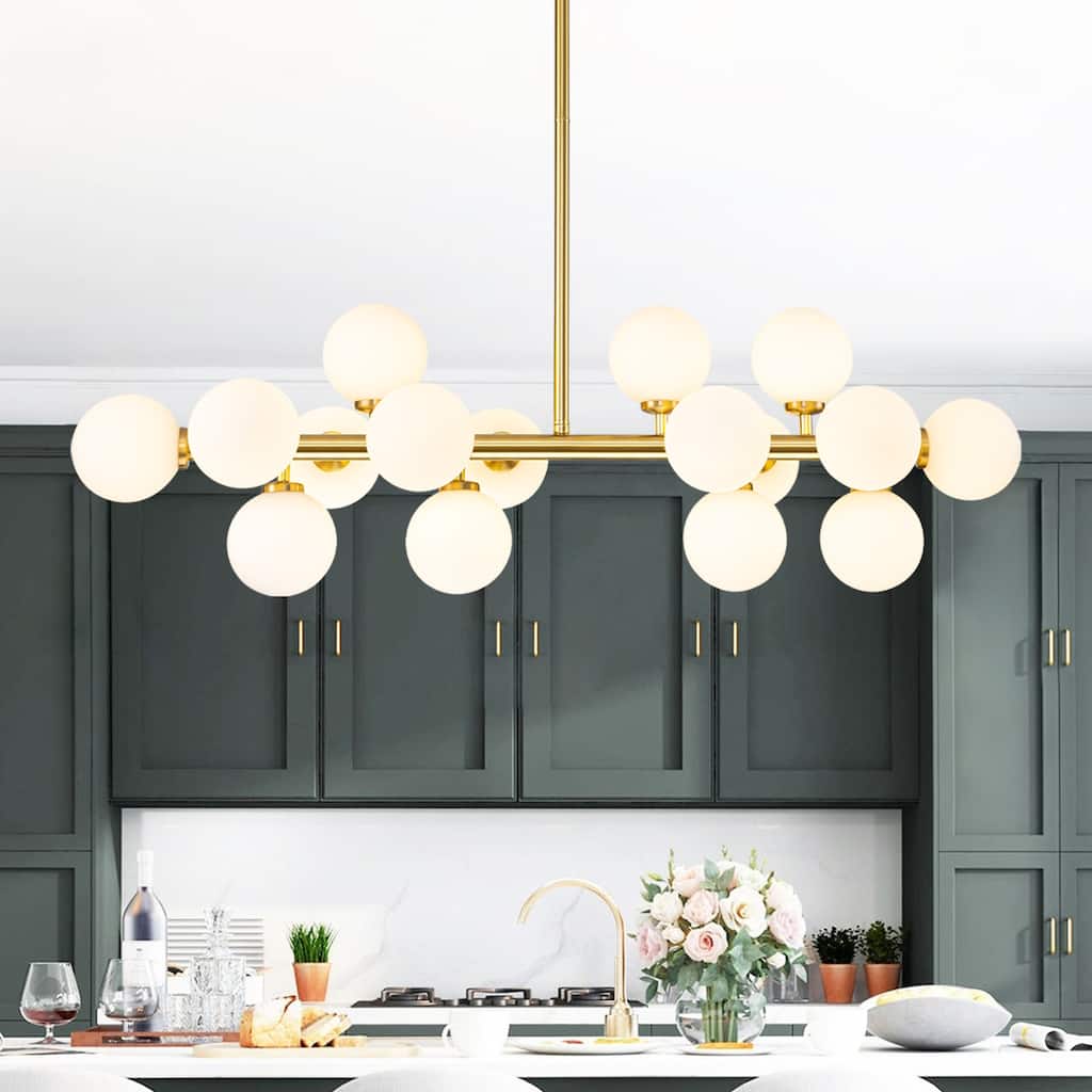 16-Light Modern Glam Linear Sputnik Cluster Glass Globe Chandelier with Milky White Glass Globe