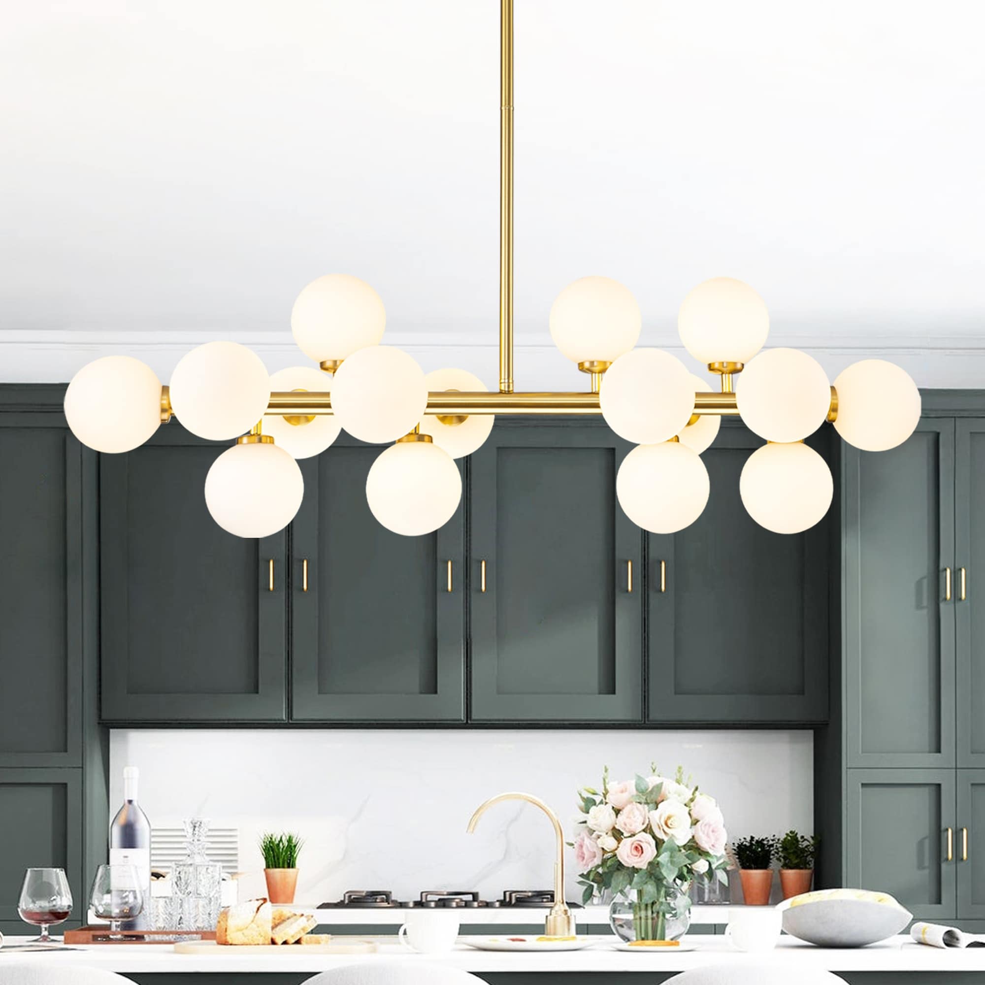 16-Light Modern Glam Linear Sputnik Cluster Glass Globe Chandelier with Milky White Glass Globe