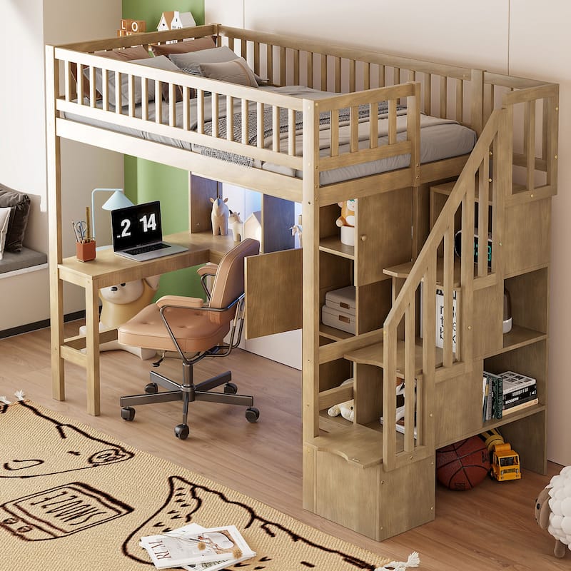 Twin Loft Bed in Walnut with Integrated L-Shaped Desk, LED Lighting, Multi-Tier Storage Shelves, Cabinets, and Staircase