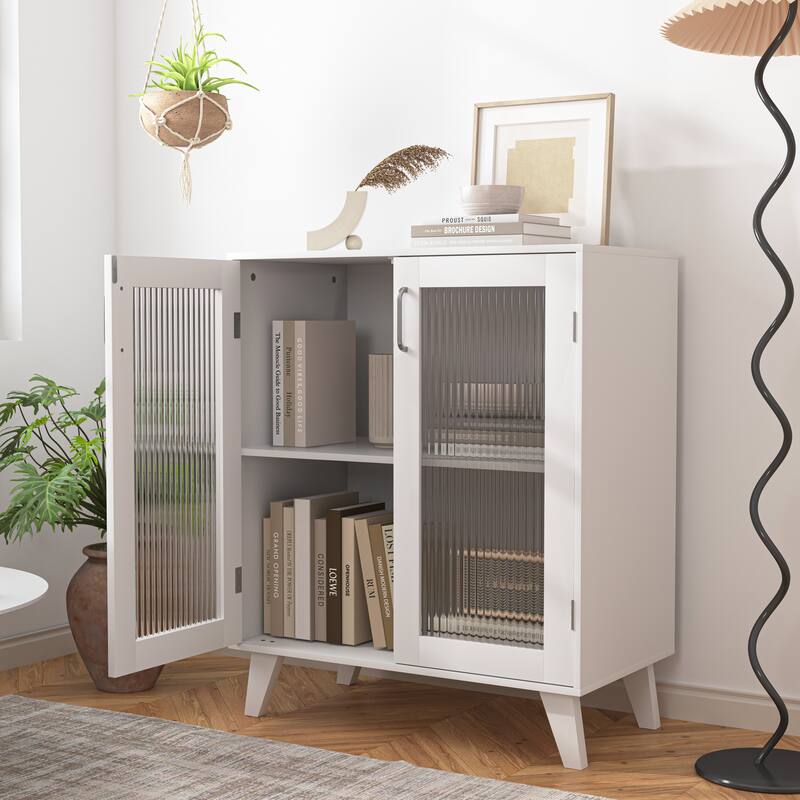 Anmytek Fluted Glass Double Door Cabinet White Modern Cabinet Storage Sideboard with Tapered Legs