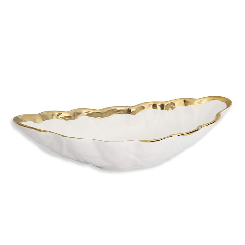 Alice Pazkus White Porcelain Leaf Shaped 16.75" Bowl With Gold Border