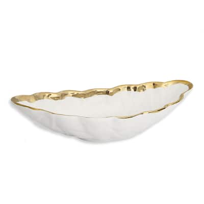 Alice Pazkus White Porcelain Leaf Shaped 16.75" Bowl With Gold Border